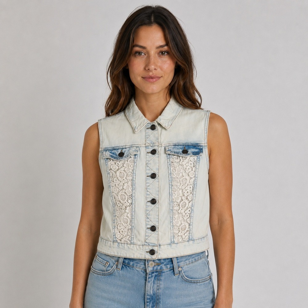Mossimo Supply‎ Co. Denim Vest Lace Inlay Size S Light Wash Blue